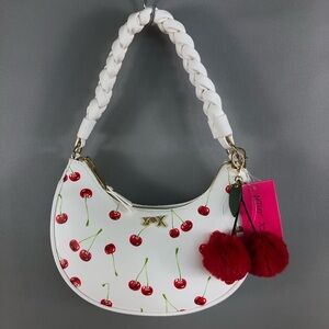 Betsey Johnson White Cherry Print Shoulder Bag with Red Pom Charms